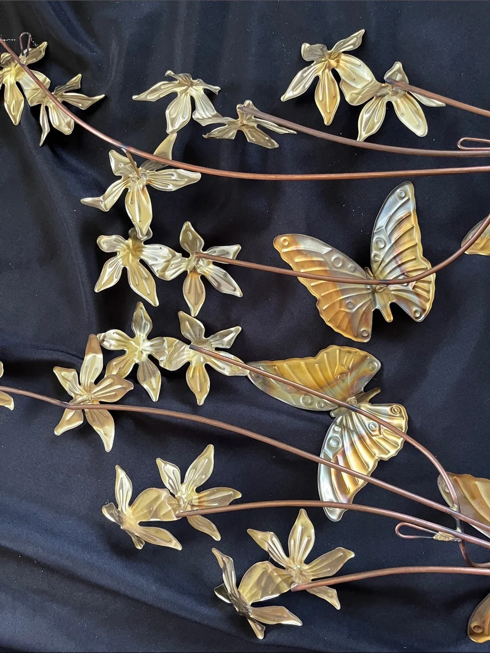 Vtg Metal Brass Butterfly Flower Wall Art Hanging Decor Set of 2 MCM Gold Tone